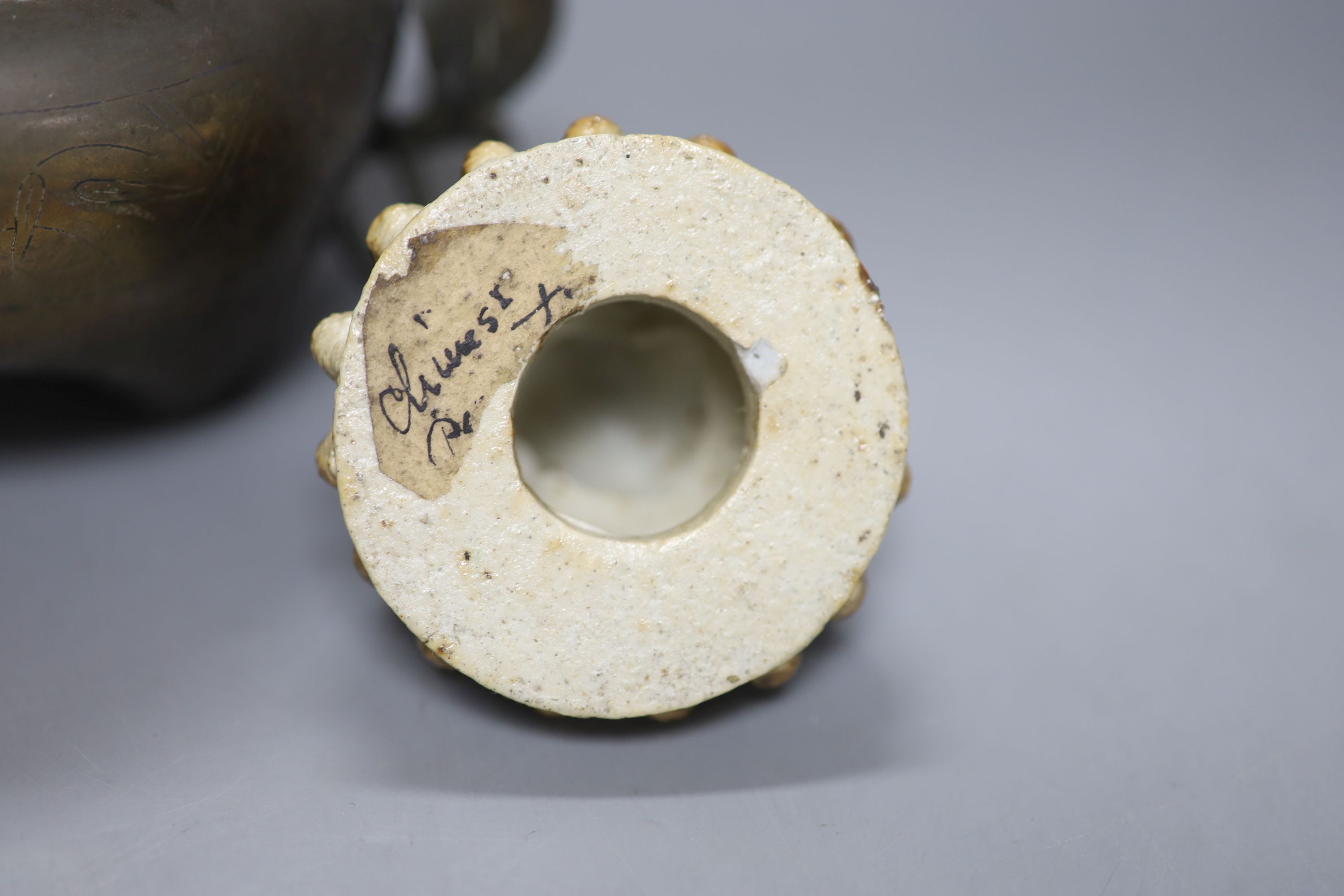 A Chinese bronze and silver inlaid tripod censer, c.1900, a stoneware cover and a crackleglaze inkwell, tallest 10cm